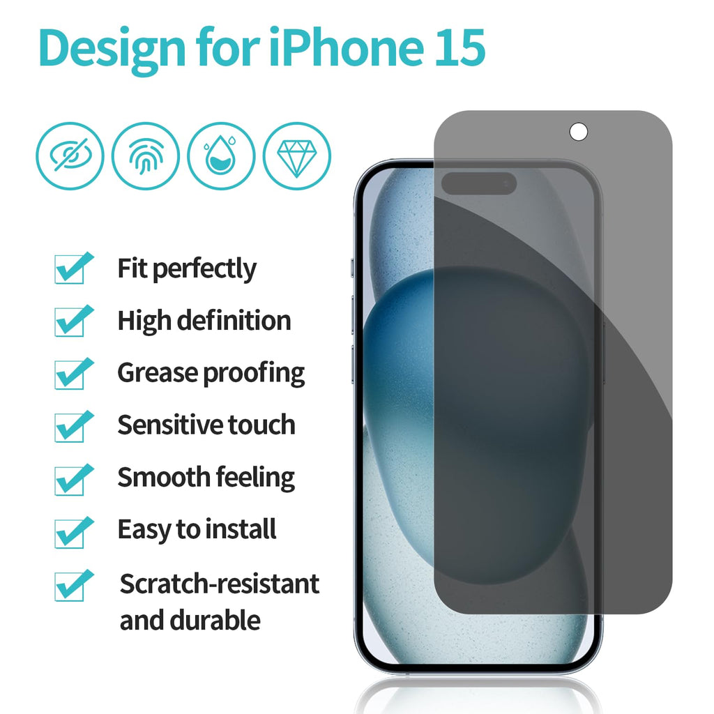 PEHAEL 2+2Pack for iPhone 15 Privacy Screen Protector with Camera Lens Protector Full Coverage Anti-Spy Tempered Glass Film 9H Hardness Easy Installation Bubble Free [6.1 inch]