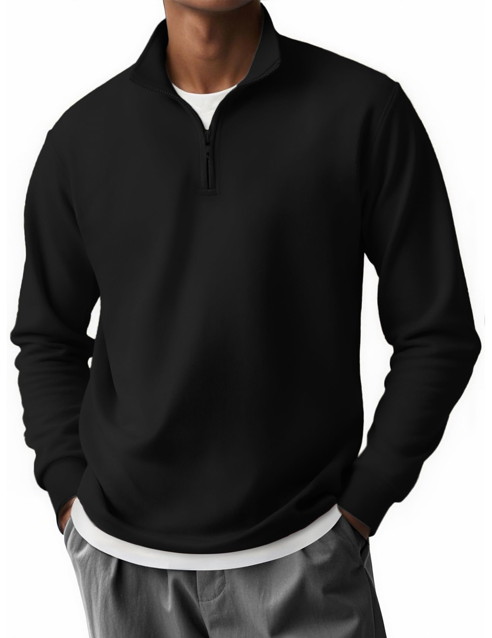 COOFANDY 1/4 Zip Pullover Mens Casual Half Zip Polo Shirt Classic Mock Neck Sweaters Long Sleeve Fashion 3/4 Zip Sweatshirts Black