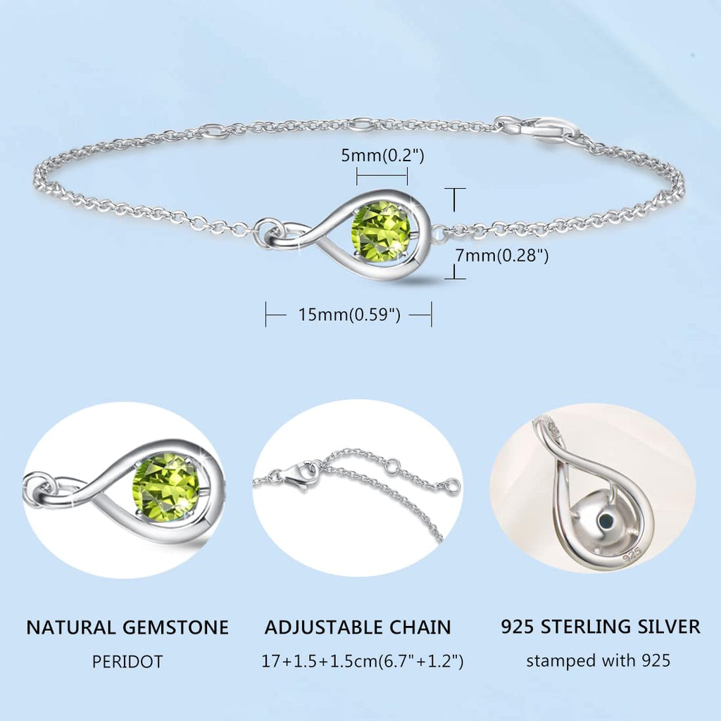 FANCIME Peridot Bracelet for Women August Birthstone Sterling Silver Infinity Link Bracelet Green Gemstone Fine Jewelry Birthday Anniversary Graduation Mothers Day Gifts for Mom Women Her, 6.7+1.2"