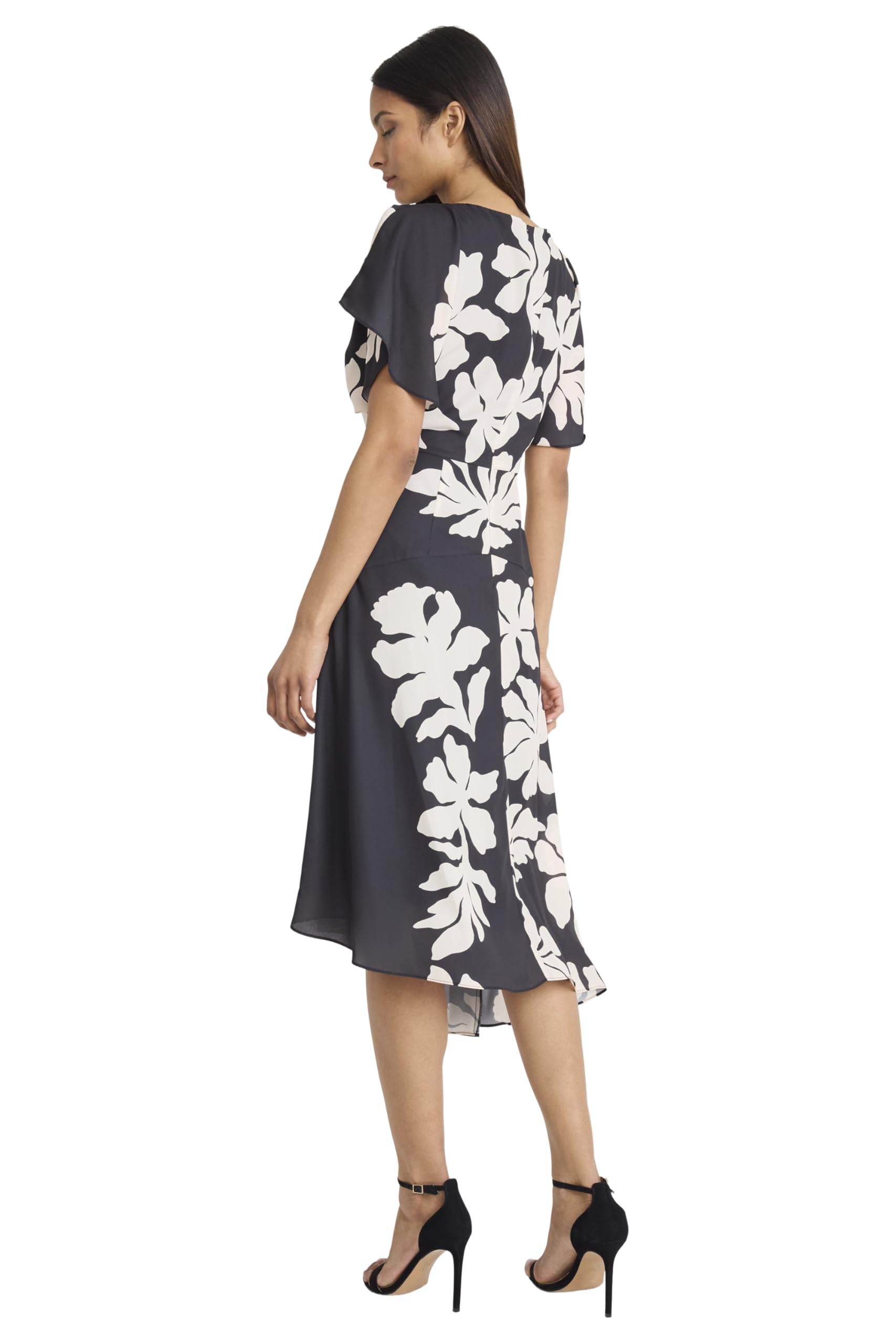 Maggy London - Floral Short Sleeve Boat Neck A-Line Midi Wedding Guest Dresses - 0