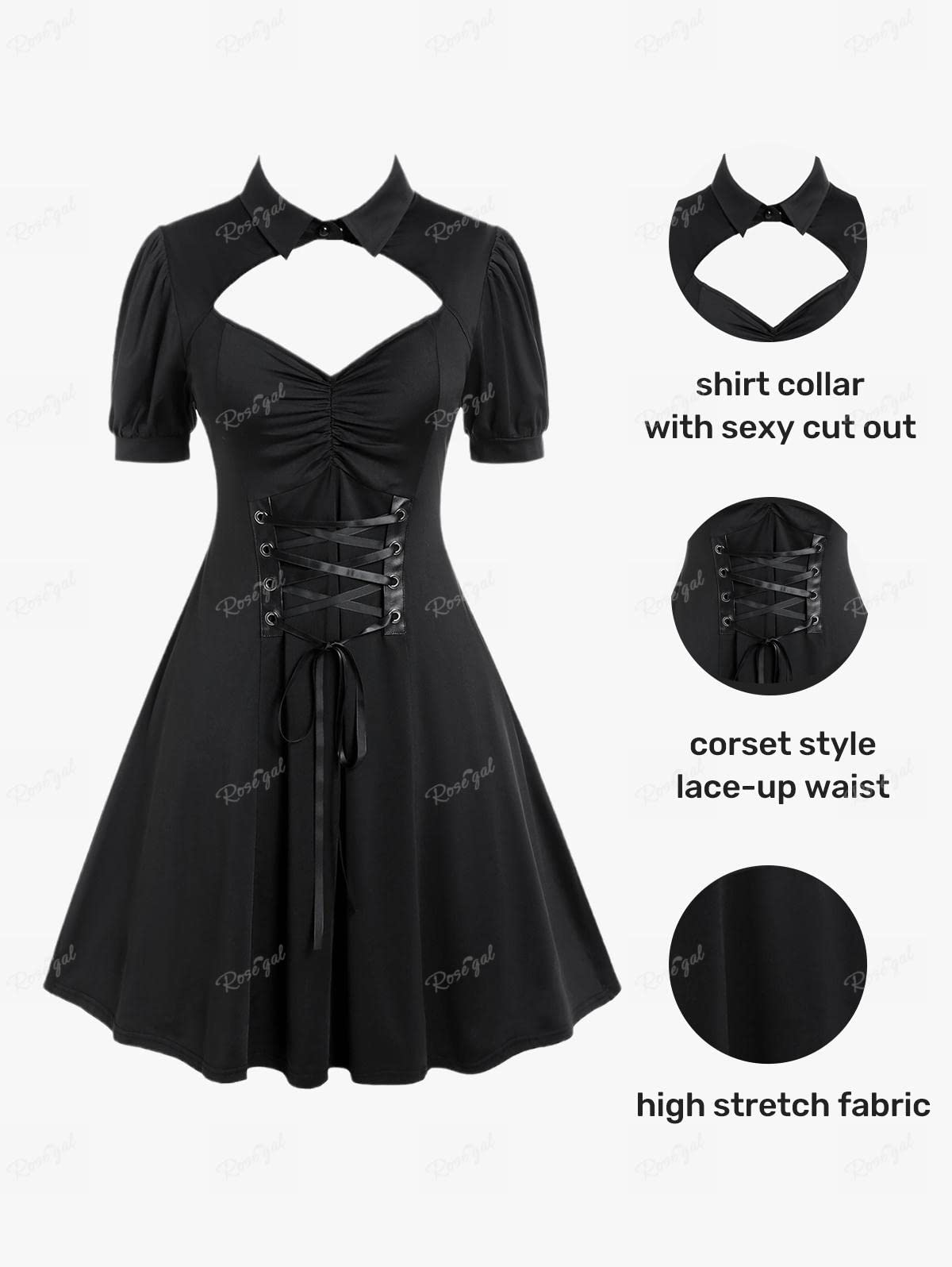 ROSE GAL Plus Size Cutout Lace Up Ruched Shirted Collar A-Line Dress