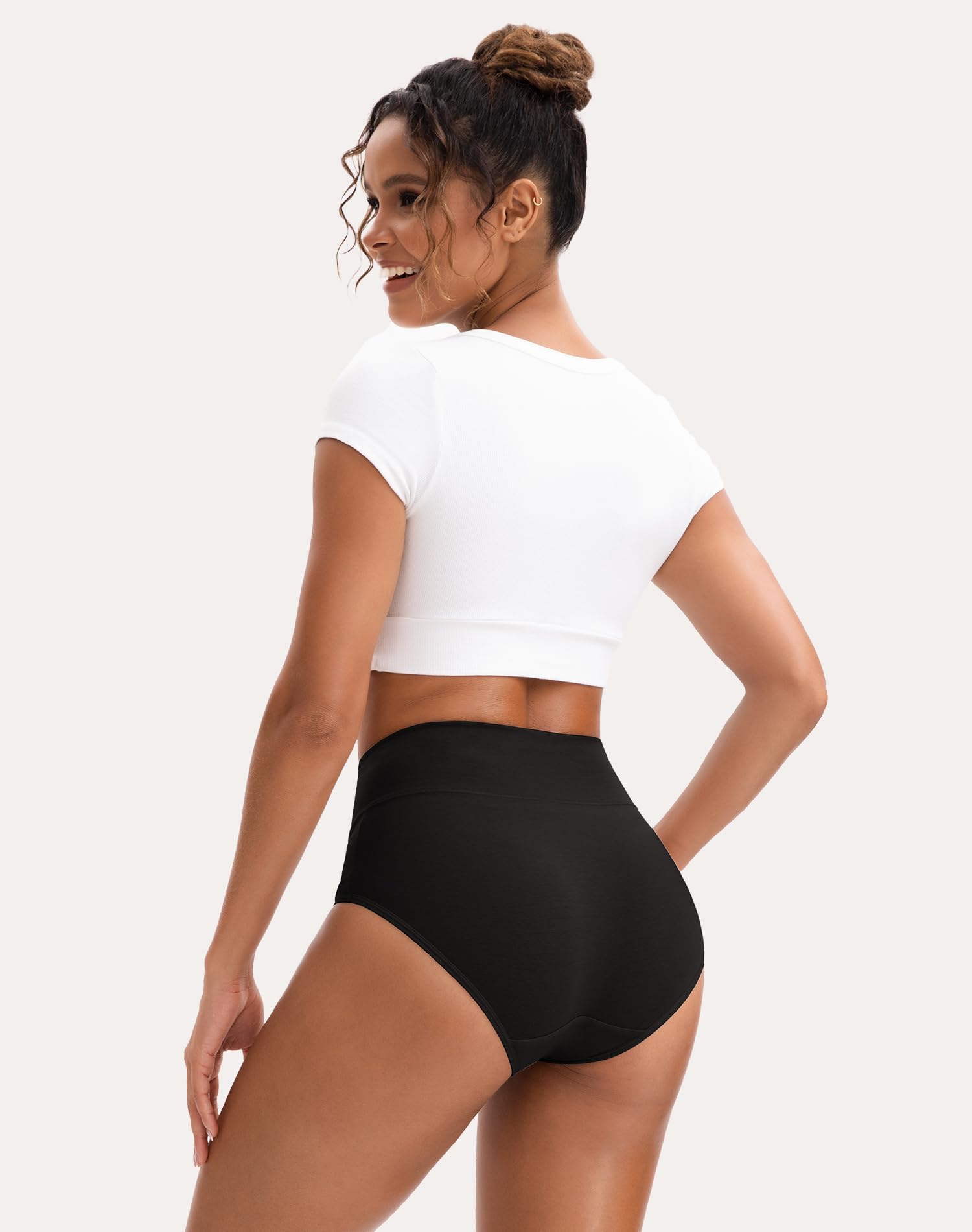 INNERSY Women's High Waisted Underwear Cotton Panties Regular & Plus Size 5-Pack(L,5 Black)