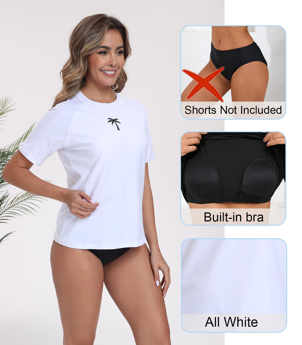 Halcurt Women's Short Sleeve Rash Guard Swimsuit Top with Built in Bra Swim Shirt UPF50+ Quick Dry Bathing Suit White M