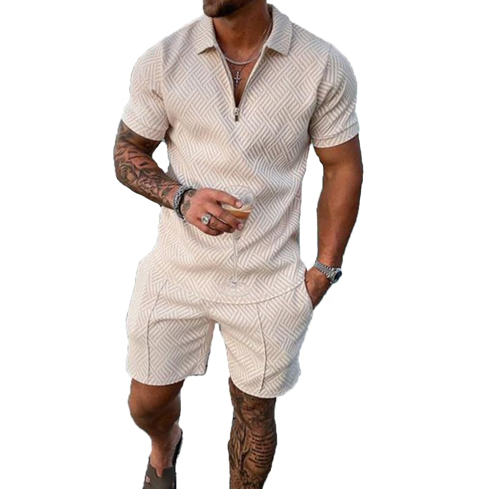 BIRW Size L Beige Mens Short Sets 2 Piece Outfits Polo Shirt Fashion Summer Tracksuits Casual Set Short Sleeve and Shorts Set for Men