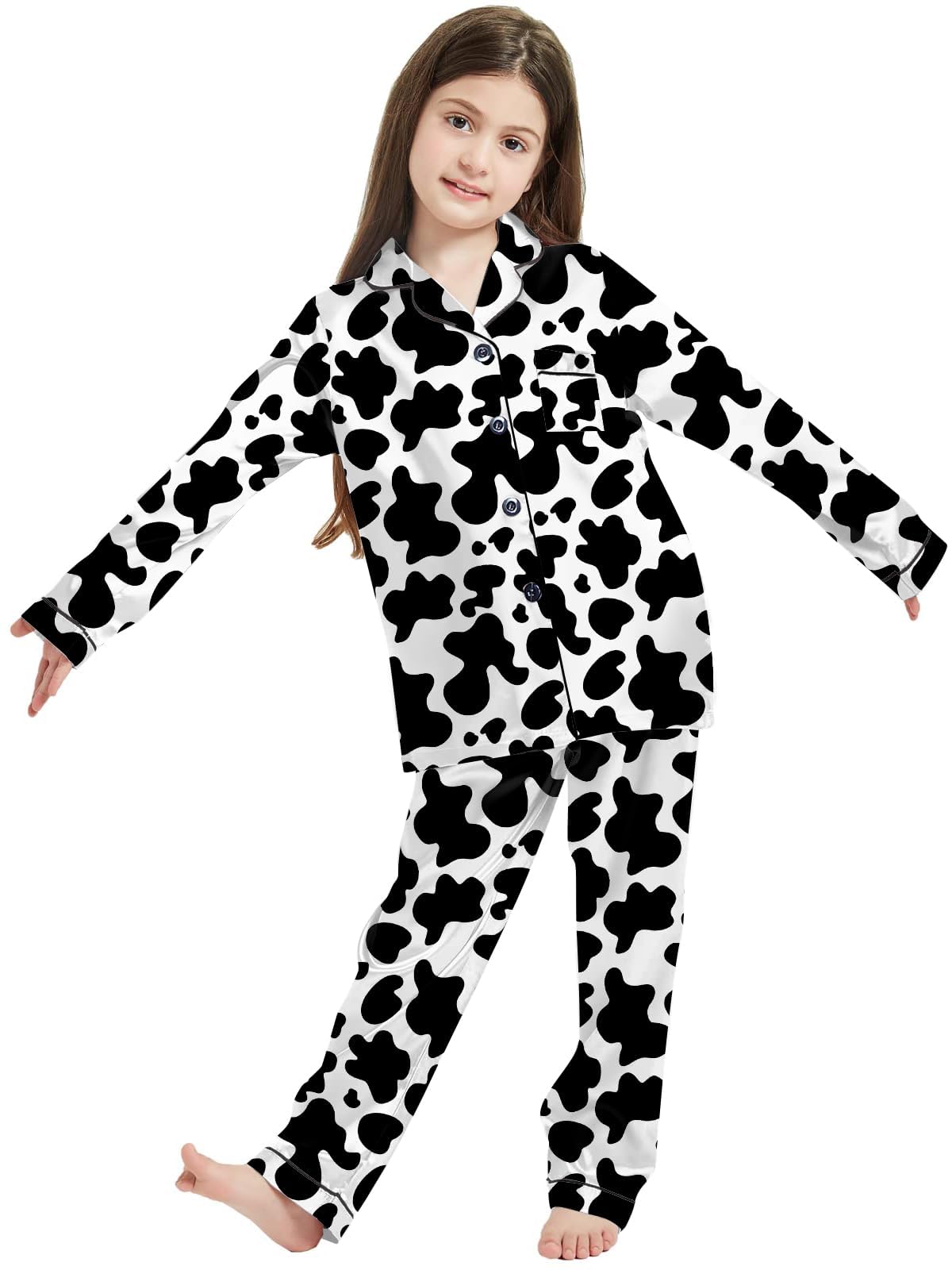 Silk Pajamas for Girls Satin Long Sleeve Button Down PJ Set Two-Piece Sleepwear for Kids, Cow Print, 4-5T
