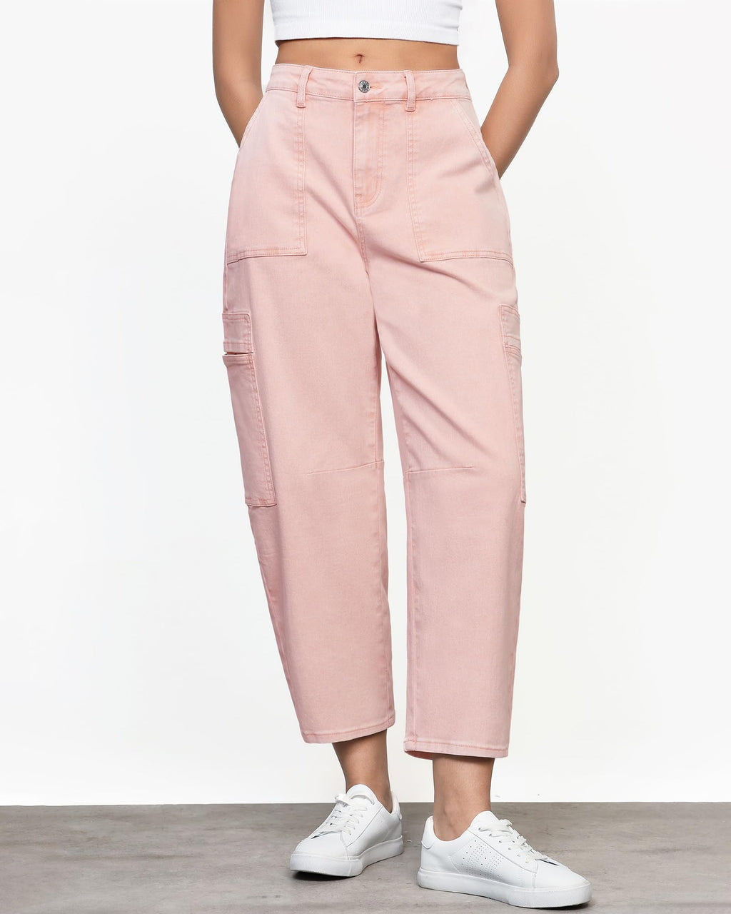 GRAPENT Women's Trendy Summer Casual Cropped Barrel Leg Stretchy Jeans - Candy Pink, Size 12 to 14