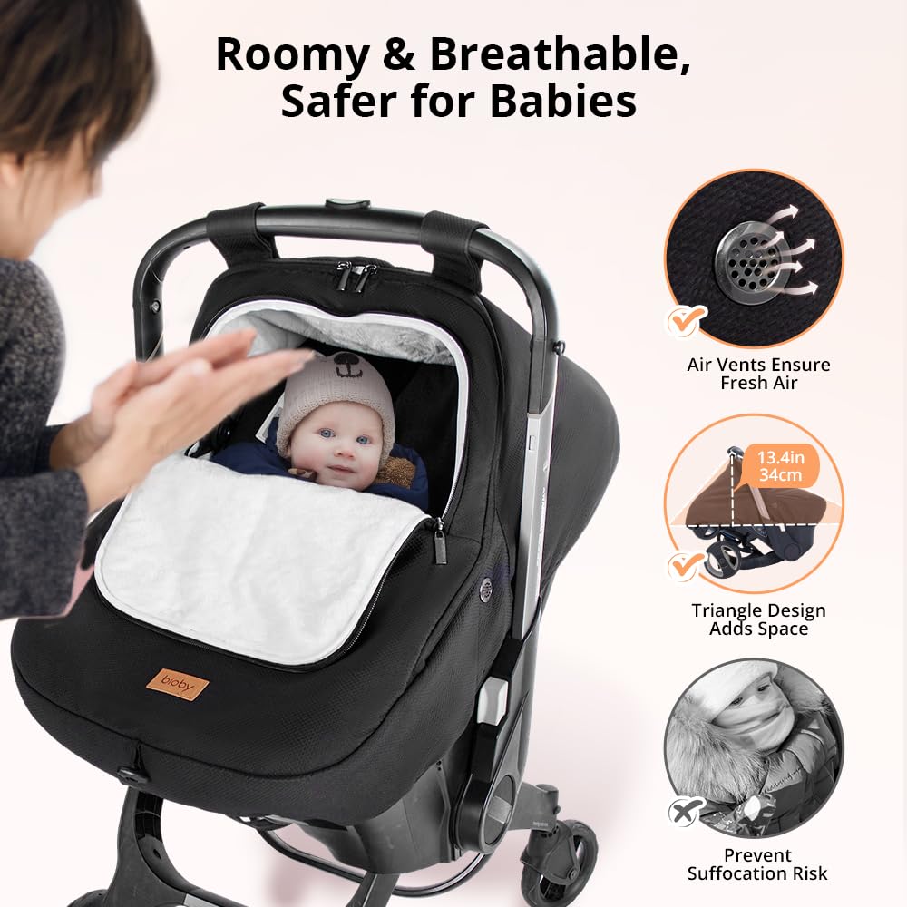 Bioby Winter Baby Car Seat Cover, Infant Car Seat Cover for Boy Girl, Roomy, Cozy, Warm, Waterproof Baby Carseat Covers Canopy with Thickened Fleece Lining, Breathable Hole, Universal Fitted Black