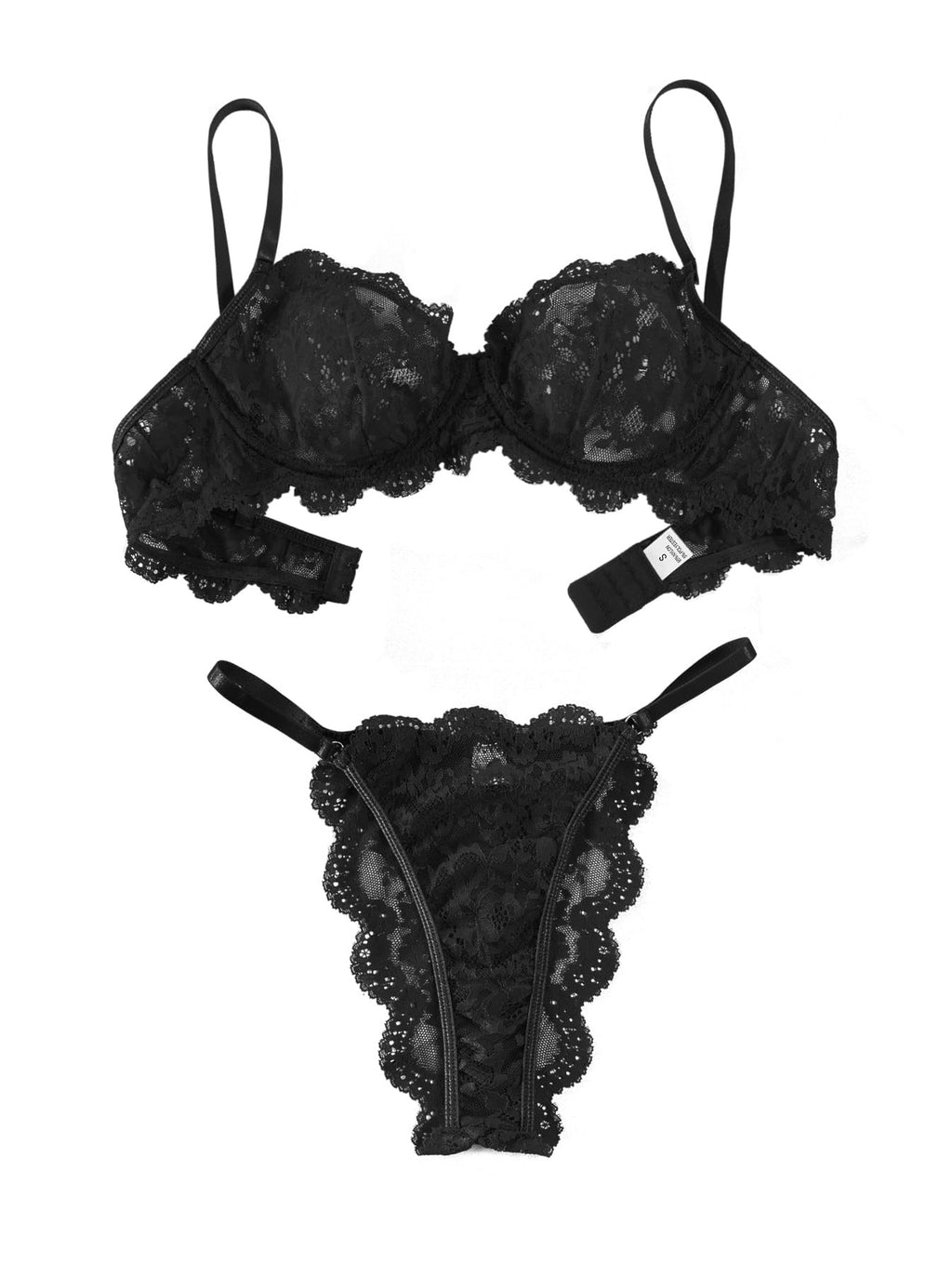 Lilosy Petite Scallop Sexy Underwire Push Up Floral Lace Sheer Lingerie Set for Women See Through Bra and Panty 2 Piece Black 3X-Small