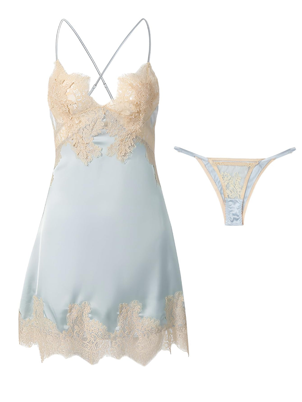 Lilosy Petite Sexy Silk Lace Up Backless Satin Applique Floral Lace Babydoll Lingerie Dress with Tong 2 Piece Women Panty Chemise Negligee Blue XX-Small