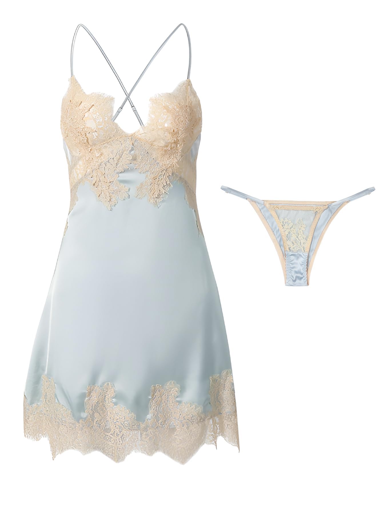 Lilosy Petite Sexy Silk Lace Up Backless Satin Applique Floral Lace Babydoll Lingerie Dress with Tong 2 Piece Women Panty Chemise Negligee Blue XX-Small