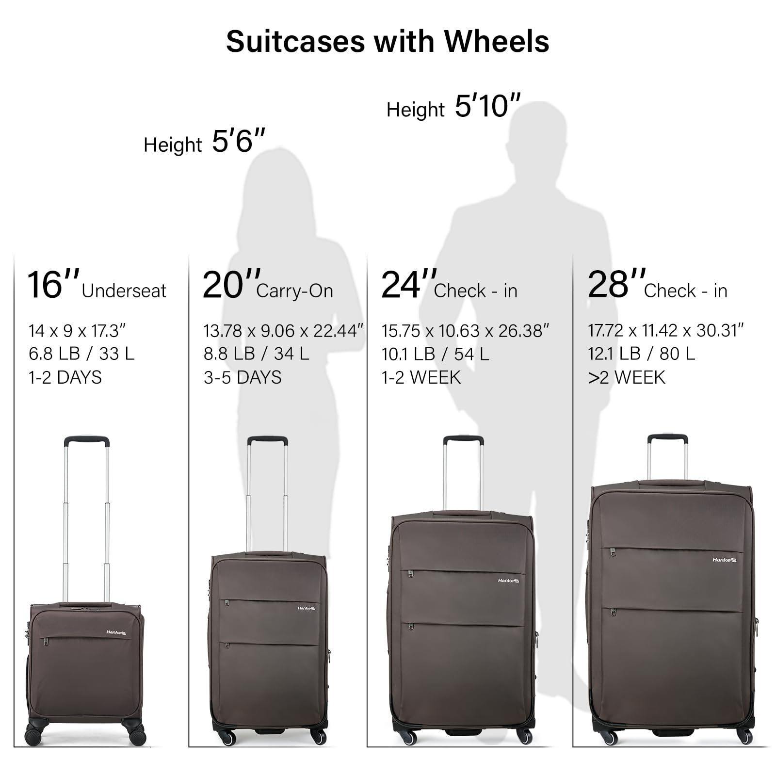 Hanke 16 Inch Underseat Carry On Luggage with Wheels Small Suitcase Softside Luggage Bags for Travel Lightweight Suitcases with Wheels Travel Luggage Personal Item for Men and Women.(Coffee)