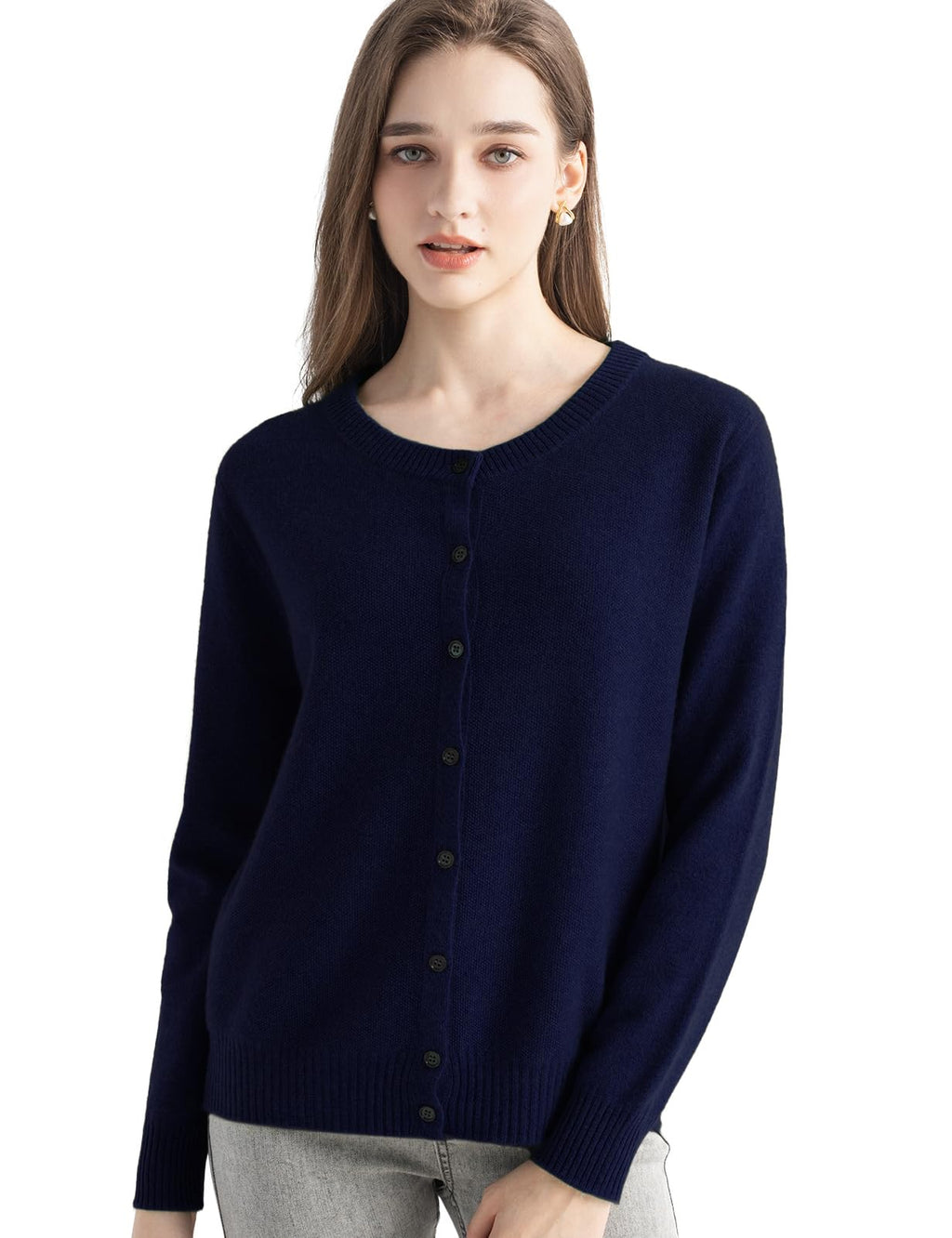 Chanyarn Women's 100% Pure Cashmere Cardigan Crew Neck Long Sleeve 2025 Fall Winter Warm Soft Knit Cardigan Sweater (Navy Blue,M)