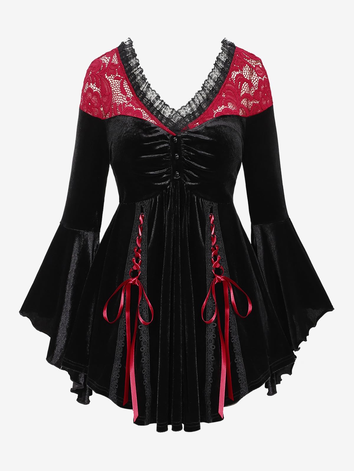 ROSE GAL Rosegal Women Plus Size Romantic Gothic Lace-up Lace Panel Ruched Bell Sleeves Velvet Tee Flare Sleeves Gothic Witch Costume Top(Black_2/1X)