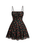 WDIRARA Women's Plus Size Cherry Print Tie Front Ruffle Hem A Line Cami Dress Black 5XL