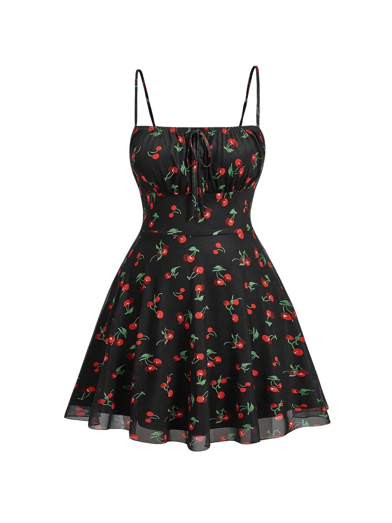 WDIRARA Women's Plus Size Cherry Print Tie Front Ruffle Hem A Line Cami Dress Black 5XL