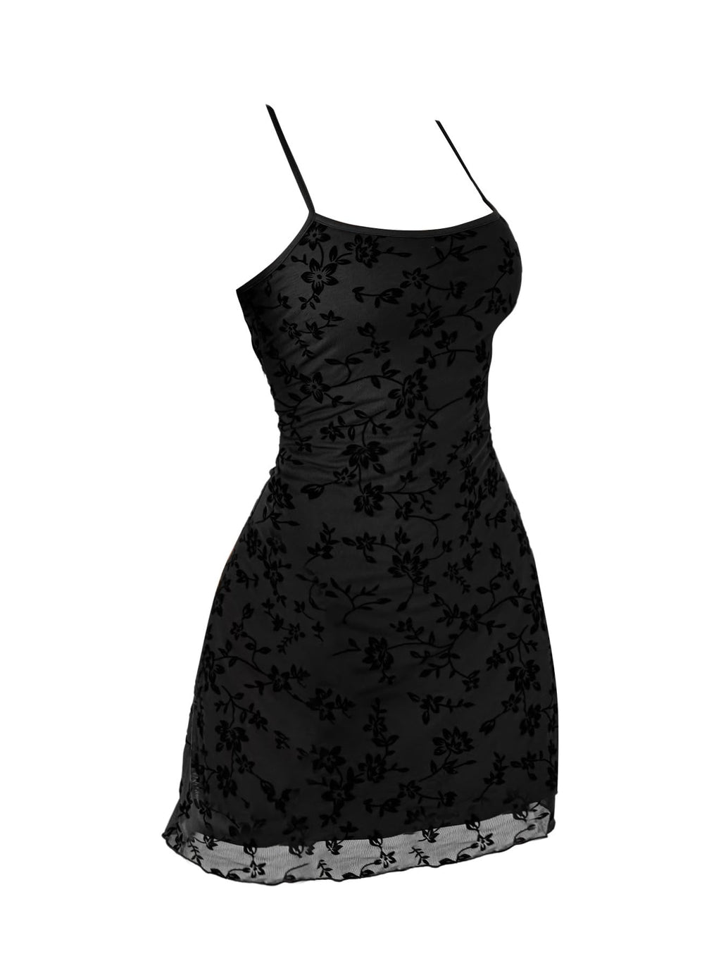 Verdusa Women's Mini Dress Floral Spaghetti Strap Mesh Short Dresses Going Out Sundress Y2k Gothic Clothes Dark Black Medium