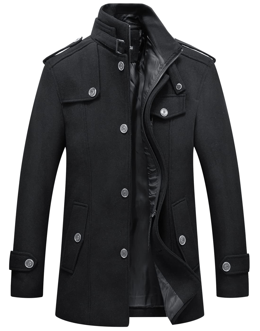 chouyatou Men's Winter Stylish Wool Blend Single Breasted Military Peacoat (Medium, Solid-Black)