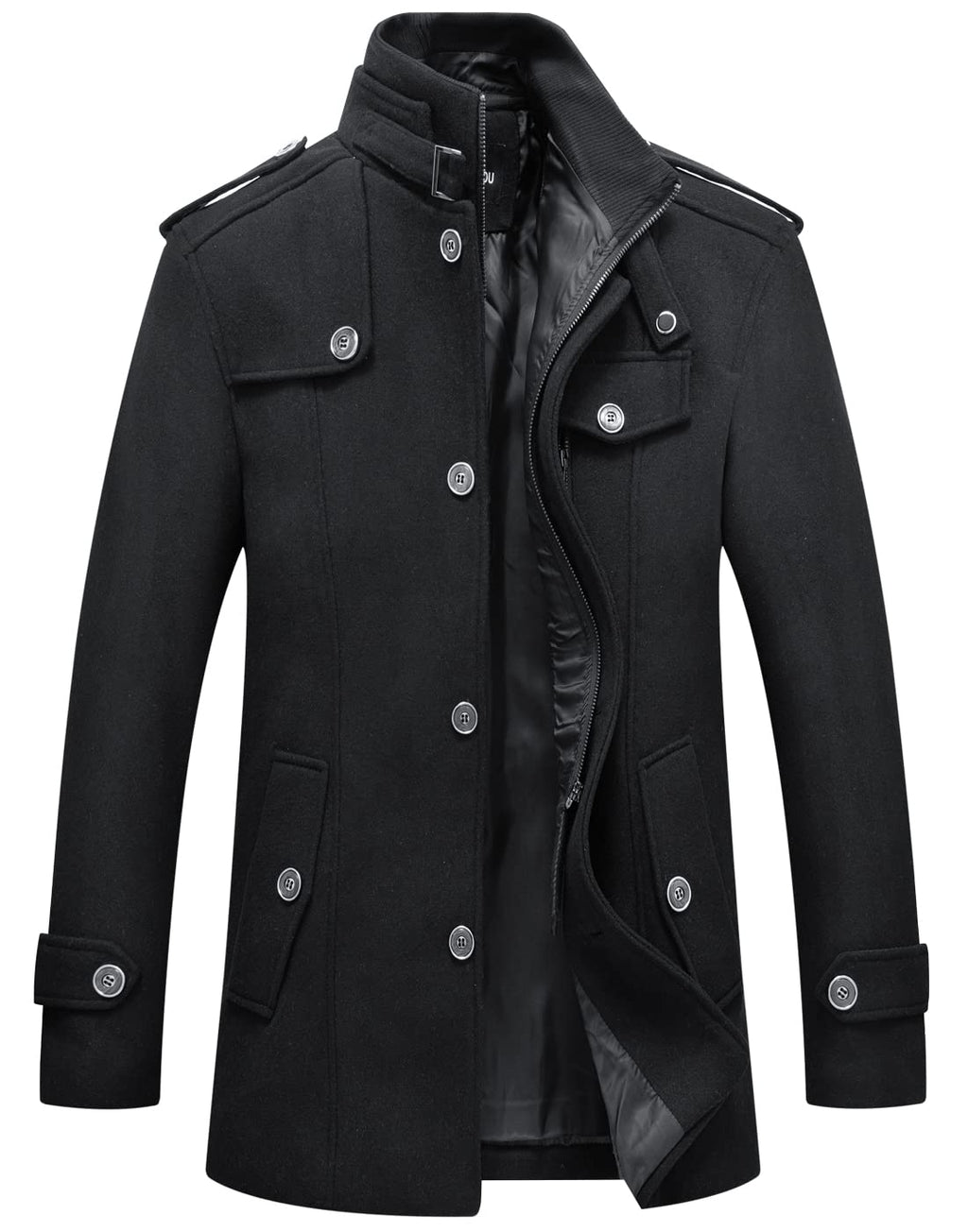 chouyatou Men's Winter Stylish Wool Blend Single Breasted Military Peacoat (Small, Solid-Black)