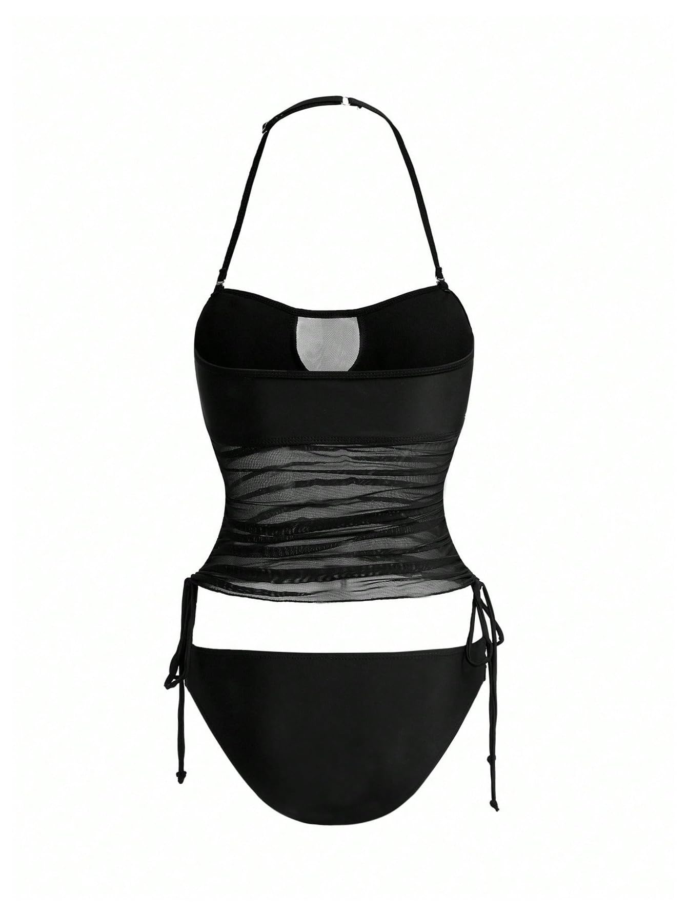 WDIRARA Women's Halter Tankini Set Cut Out Sheer Tie Side High Cut Swimsuit 2 Piece Bathing Suit Black X-Large