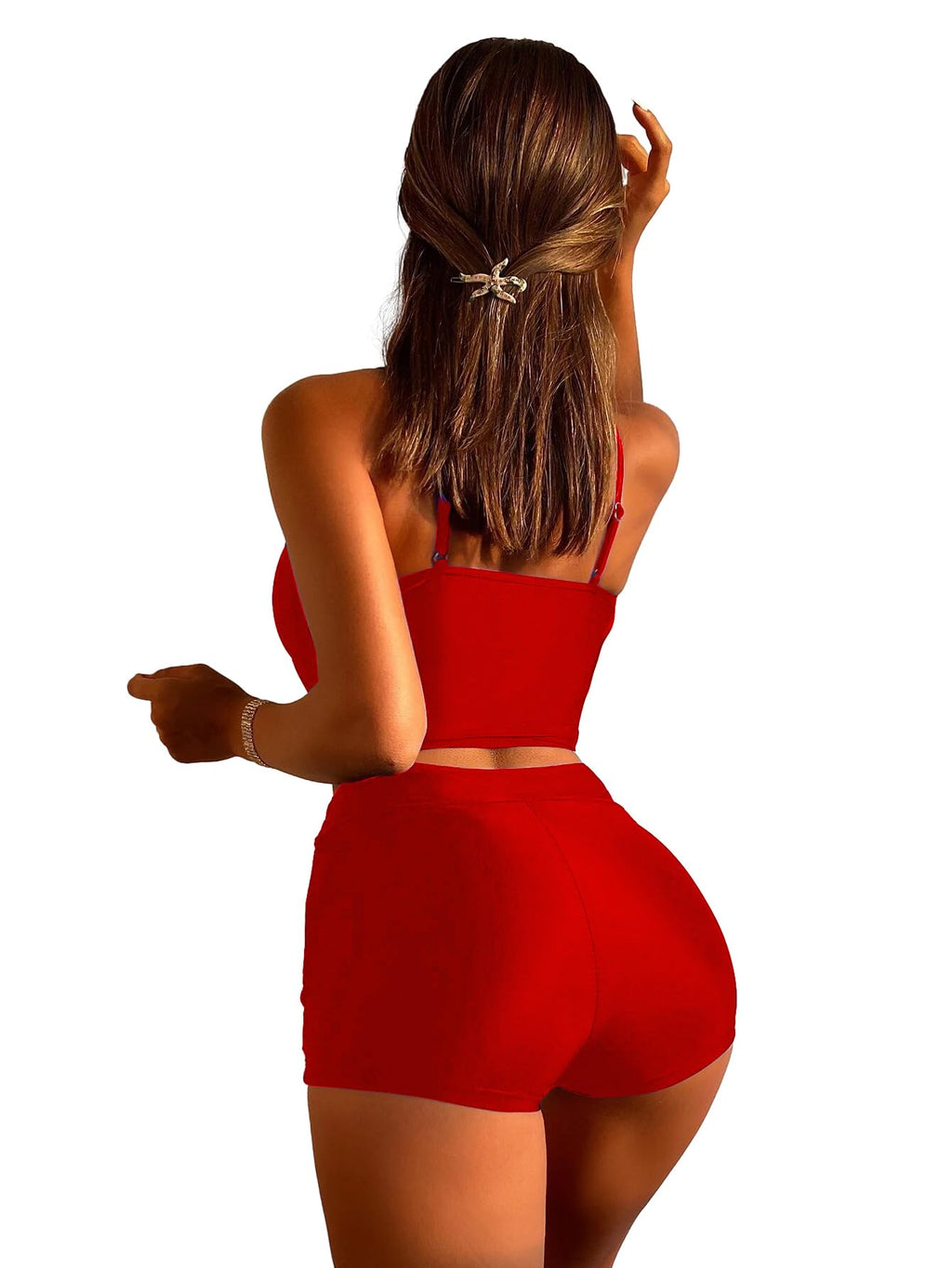 Lilosy High Waisted Tummy Control Drawstring Bikini Set String Swimsuit Cami Top and Tie Side Shorts 2 Piece Women Bathing Suit Red #2 Small