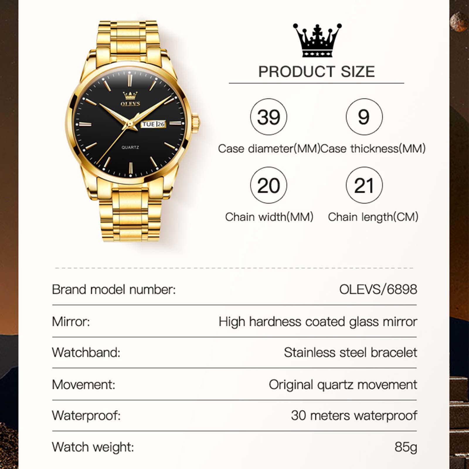 OLEVS Watch Men Gold Watches for Men,Mens Watches Luxury Waterproof Stainless Steel Business Classic Watch for Mens Gold Watch With Black Big Face Day Date Classic Watches Men's Wrist Watches,relojes para hombres