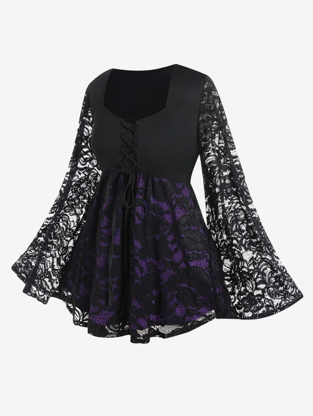 ROSE GAL Rosegal Women Plus Size Gothic Lace Flare Sleeves Lace-up Colorblock Gothic Tee Witch Halloween Costume Bell Sleeves Two Tone T-Shirt Long Sleeves Gothic Top(Black_2/1X)