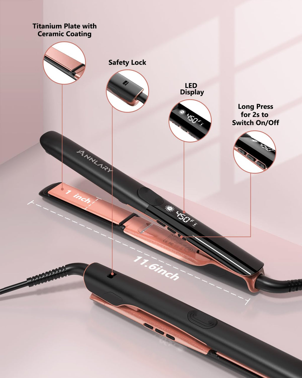 Annlary Hair Straightener 1 Inch Flat Iron and Curler 2 in 1 Titanium Ceramic Ionic Dual Voltage Straightener with Heat-Resistant Silicone, for Less Frizz, Shinier & Smoother