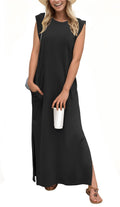 GRECERELLE Women's Summer Casual Loose Split Long Maxi Sun Dress with Pockets (Medium, Black)