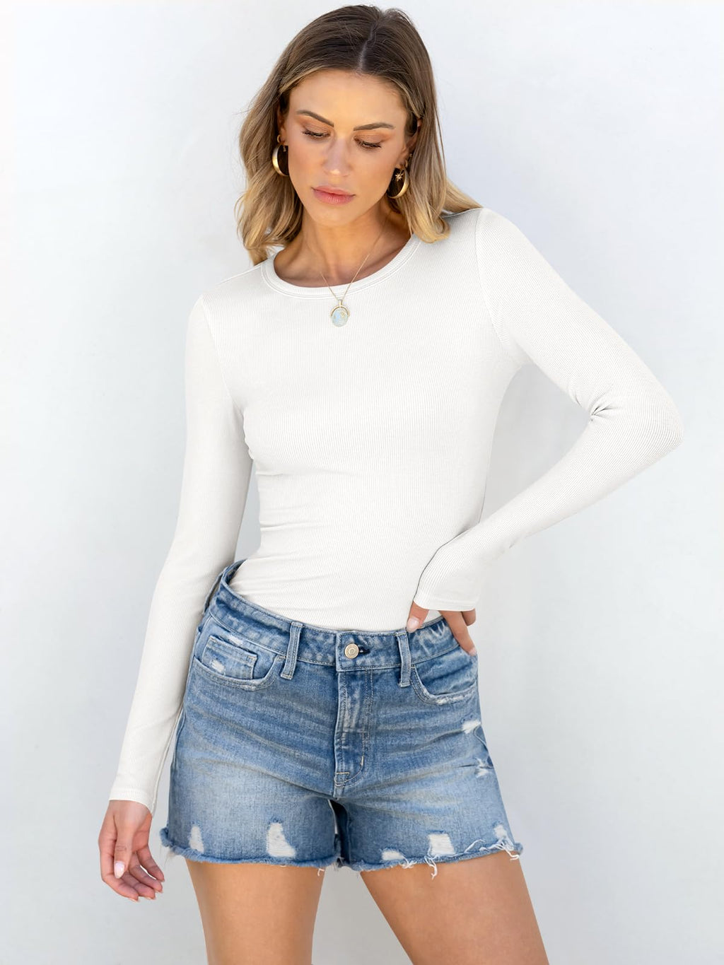 ANRABESS Women Long Sleeve Shirts Rib Knit Slim Fit Tops Basic Tee 2025 Fall Outfits Casual T-Shirt Underscrubs Layer Clothes White Medium