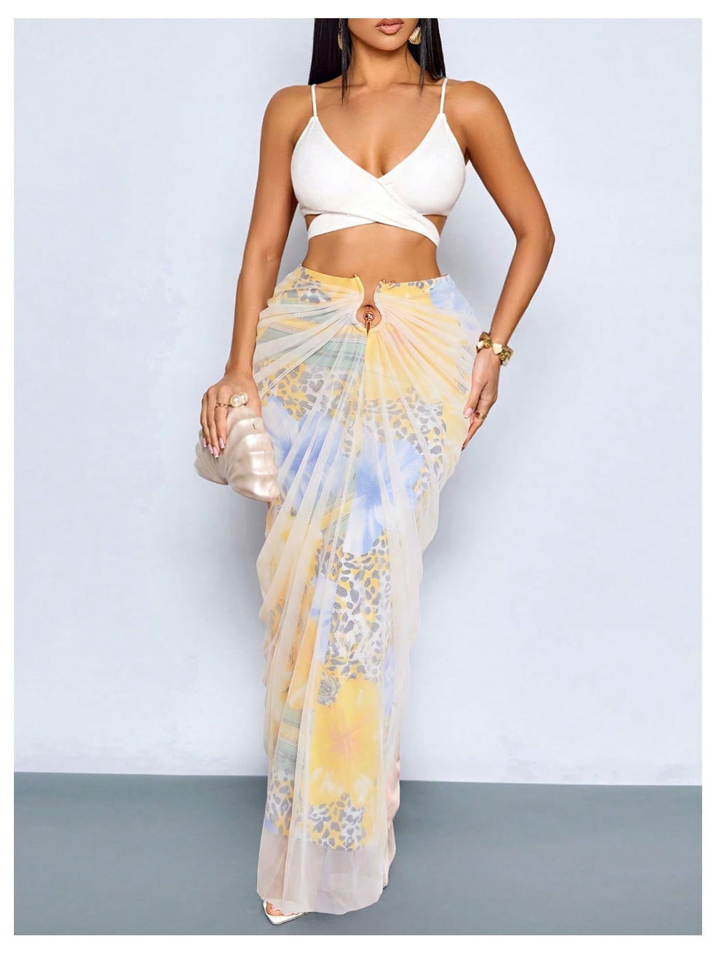 WDIRARA Women's Ruched Bodycon Maxi Skirt Cocktail Party High Waisted Long Fishtail Skirts Pale Yellow Small