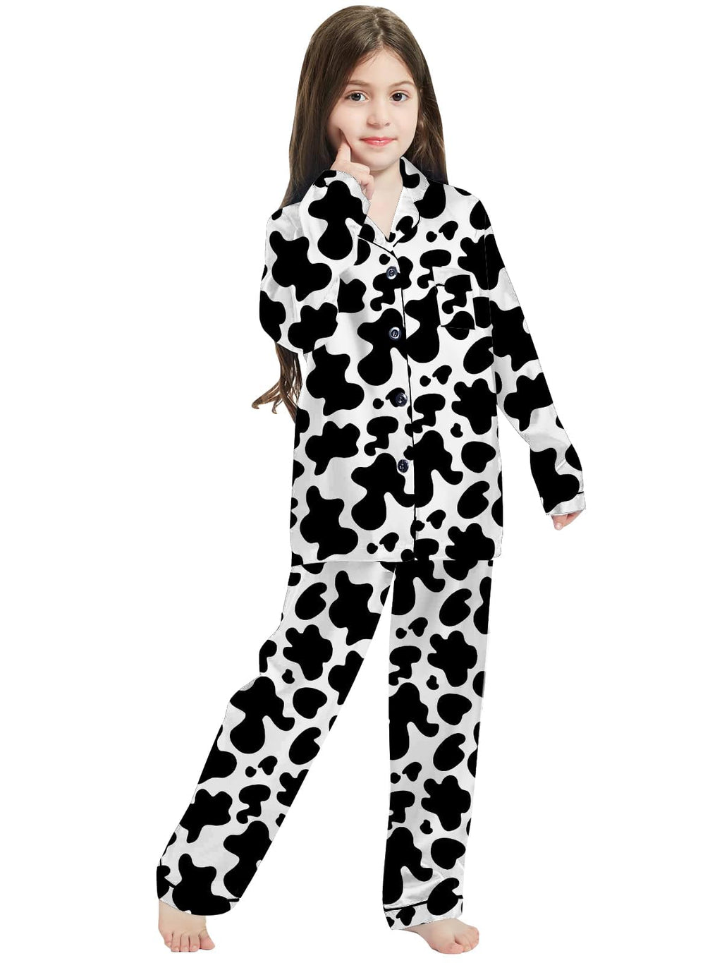 Silk Pajamas for Girls Satin Long Sleeve Button Down PJ Set Two-Piece Sleepwear for Kids, Cow Print, 4-5T
