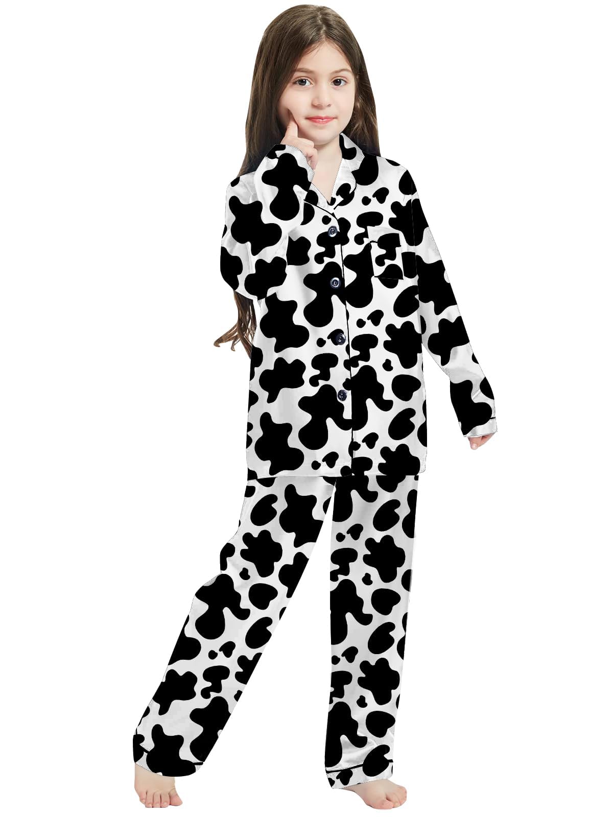 Silk Pajamas for Girls Satin Long Sleeve Button Down PJ Set Two-Piece Sleepwear for Kids, Cow Print, 4-5T