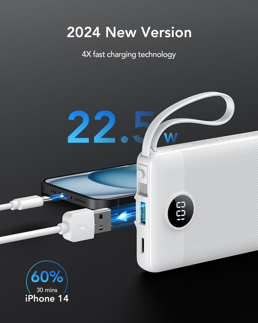VRURC Power Bank for iPhone, 22.5W Fast Charging Phone Charge with Built-in Cables,10000mAh USB C in & Out Cord Portable Charger,Slim Lightweight Charging Bank Travel Essentail-White(1 Pack)