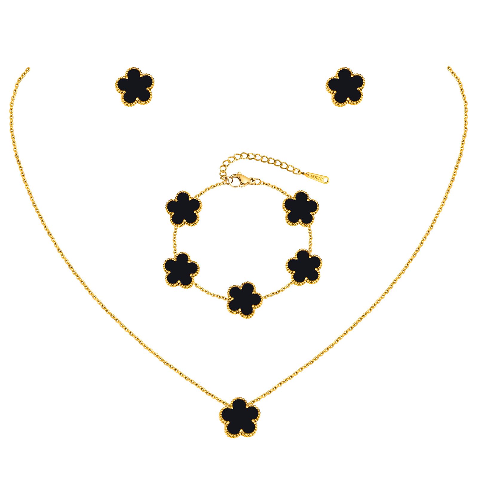 Gold Necklaces Bracelets Earring Set - 18K Gold Plated Flower Bracelet ,Stainless Steel Non Tarnish Floral Pendant Stud Jewelry Sets,Christmas Birthday Lucky Gift for Mom Wife Daughter Girlfriend