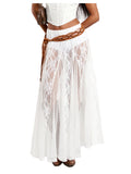 WDIRARA Women's Sexy See Through Sheer Lace Maxi Skirt Low Waist Ruffle Hem A Line Flowy Skirt White X-Large