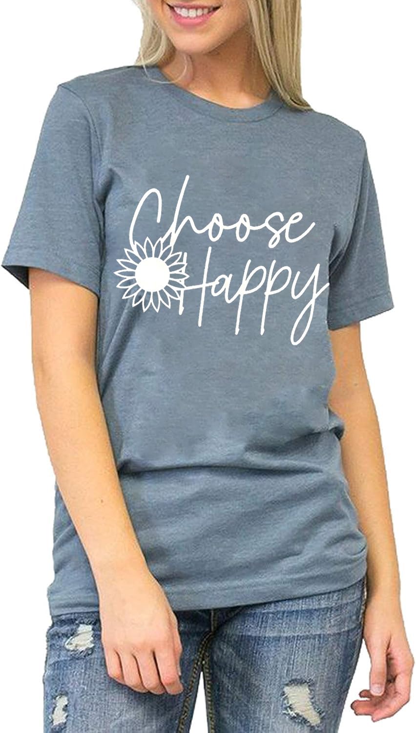 Graphic Tees for Women Choose Happy Letter Print Shirts Sunflower Women T Shirt Inspirational Short Sleeve Casual Tops Blue-XXL