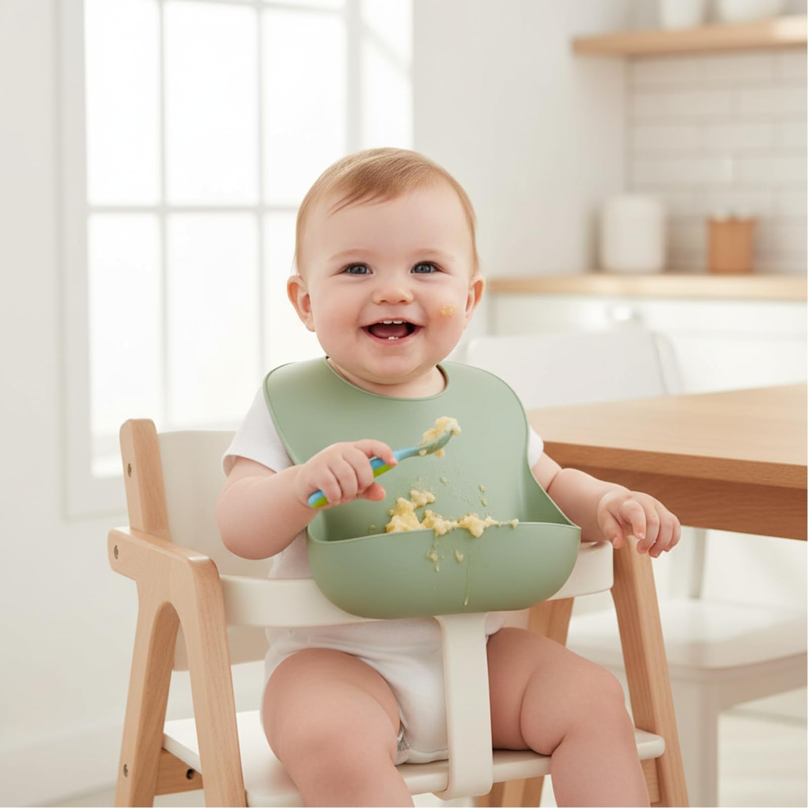 PandaEar Set of 3 Silicone Baby Bibs Waterproof, Soft, Unisex, 10-72 Months (Brown/Blue/Green)