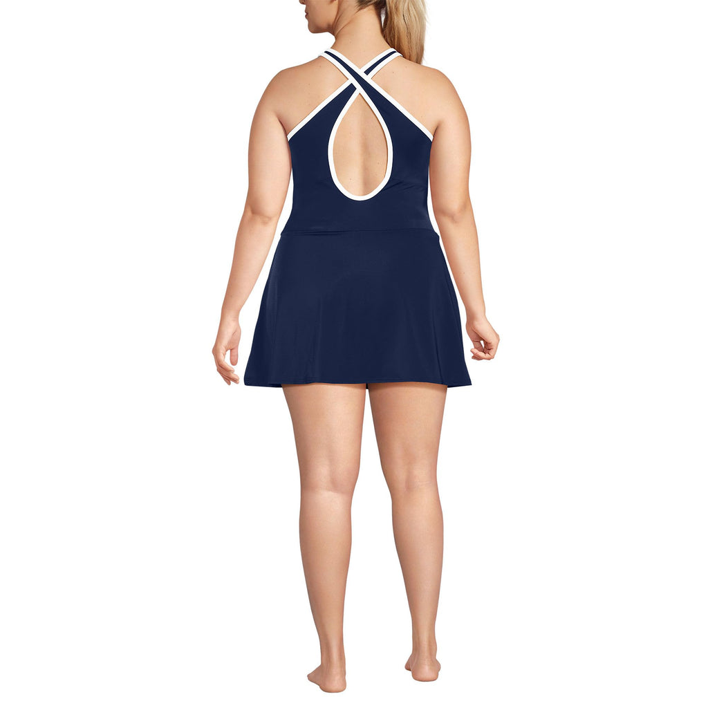 Lands' End Women's Tugless High Neck Swim Dress Swimsuit 0 Deep Sea Navy/White
