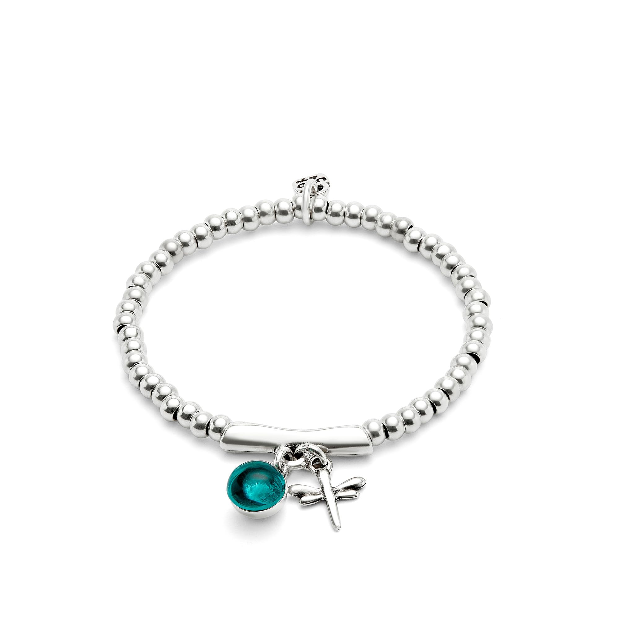 Uno de 50 Sterling Silver-Plated Beaded Stretch Bracelet with Murano Glass and Dragonfly Charm, Turquoise, Ser Fascinante