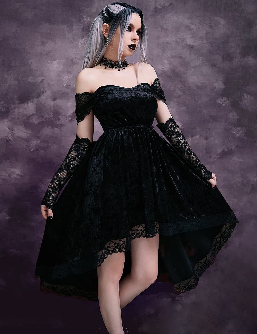LANSHULAN Gothic Clothes Dress,Lace Mini Sleeveless Lace Draped Bodycon Goth Vintage Dresses Without Gloves Black