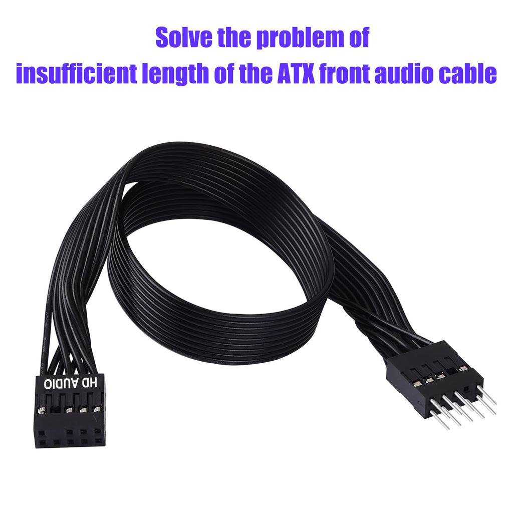 ELFJMZP 30cm PC Motherboard Front Audio Extension Cable - Male to Female, Black Ribbon, HD Audio 9PIN Connector, 24AWG Tinned Copper - Ideal for ATX Front Audio Extension & Neat Cable Management