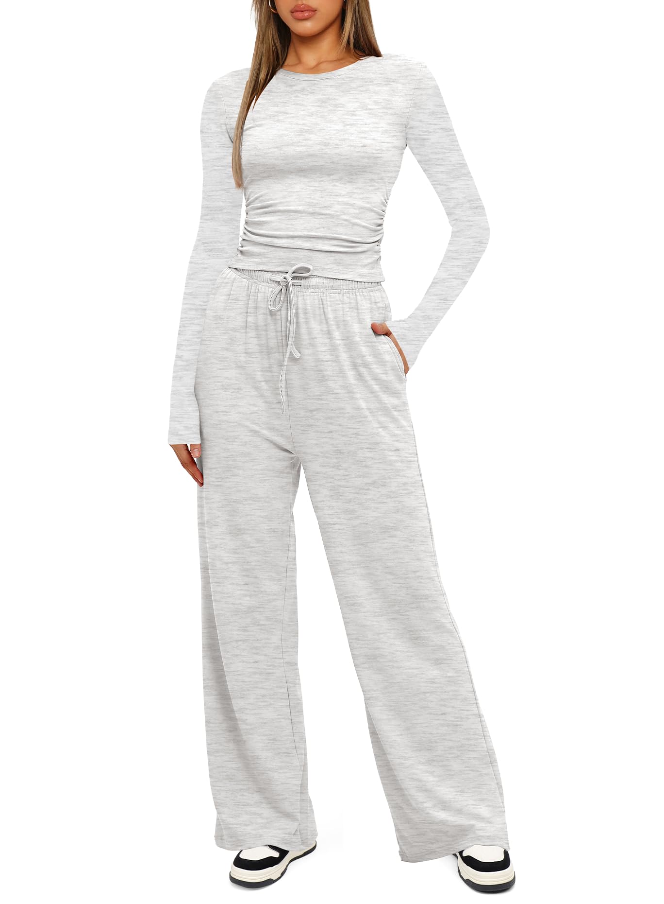 Darong Women's 2 Piece Lounge Sets Long Sleeve Tops Wide Leg Pants Casual Outfits Pajama Set Fall Collection 9065A White Grey M
