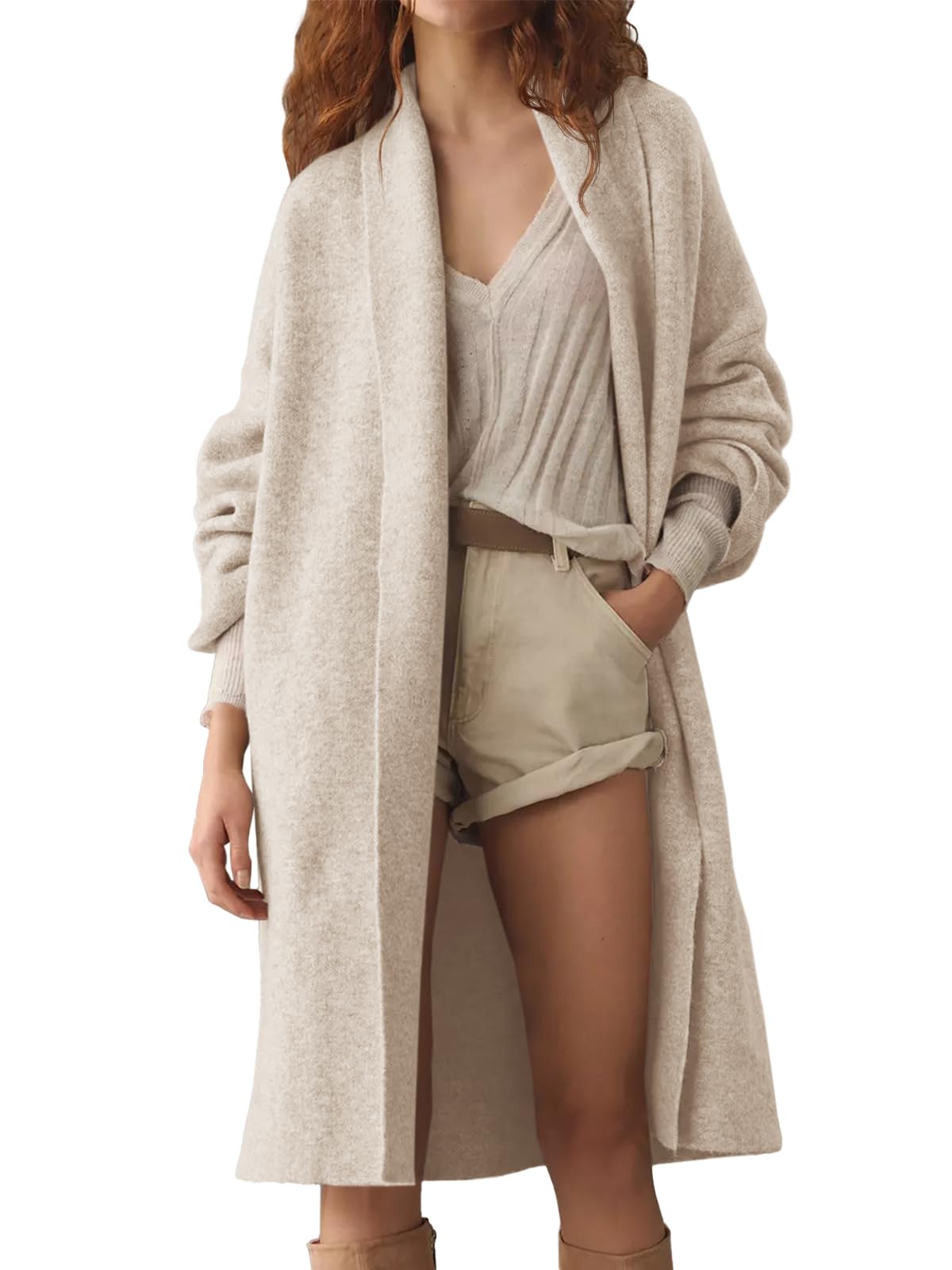 Saodimallsu Womens Long Cardigan Sweaters Chunky Open Front Oversized Slouchy Knit Fall Trendy Coatigan Jackets Apricot