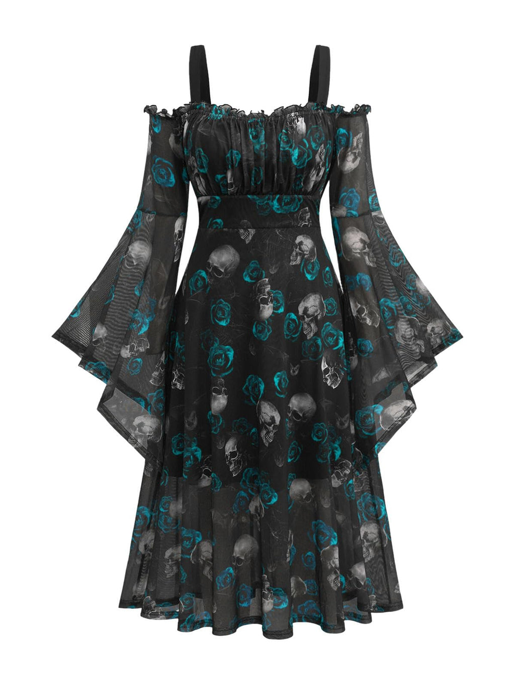 Rosegal Plus Size Women Medieval Renaissance Costume - Gothic Bell Sleeves Cold Shoulder Skulls Rose Mesh Dress - Blue (1/1X)