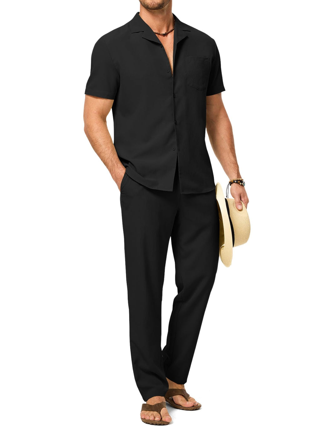 JMIERR Men Texture 2 Piece Outfit Short Sleeve Lightweight Beach Button Down Shirt Casual Pant Sets with Pocket
