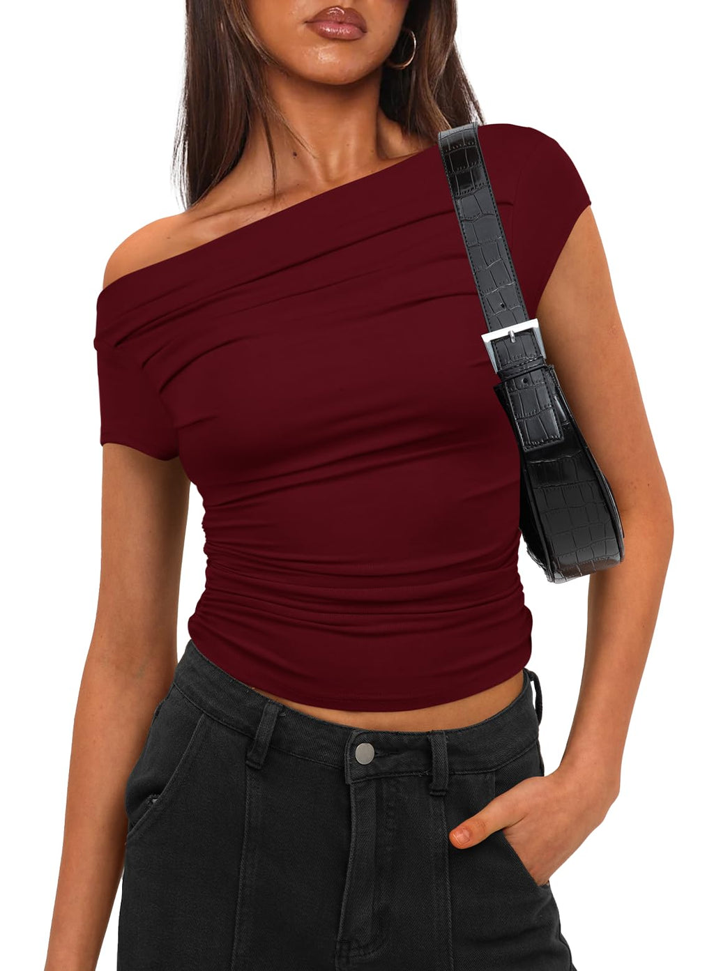 Darong Women's Classic Fit Short Sleeve Boat Neck T Shirt Y2K Tight Tshirts 9048 Wine Red M