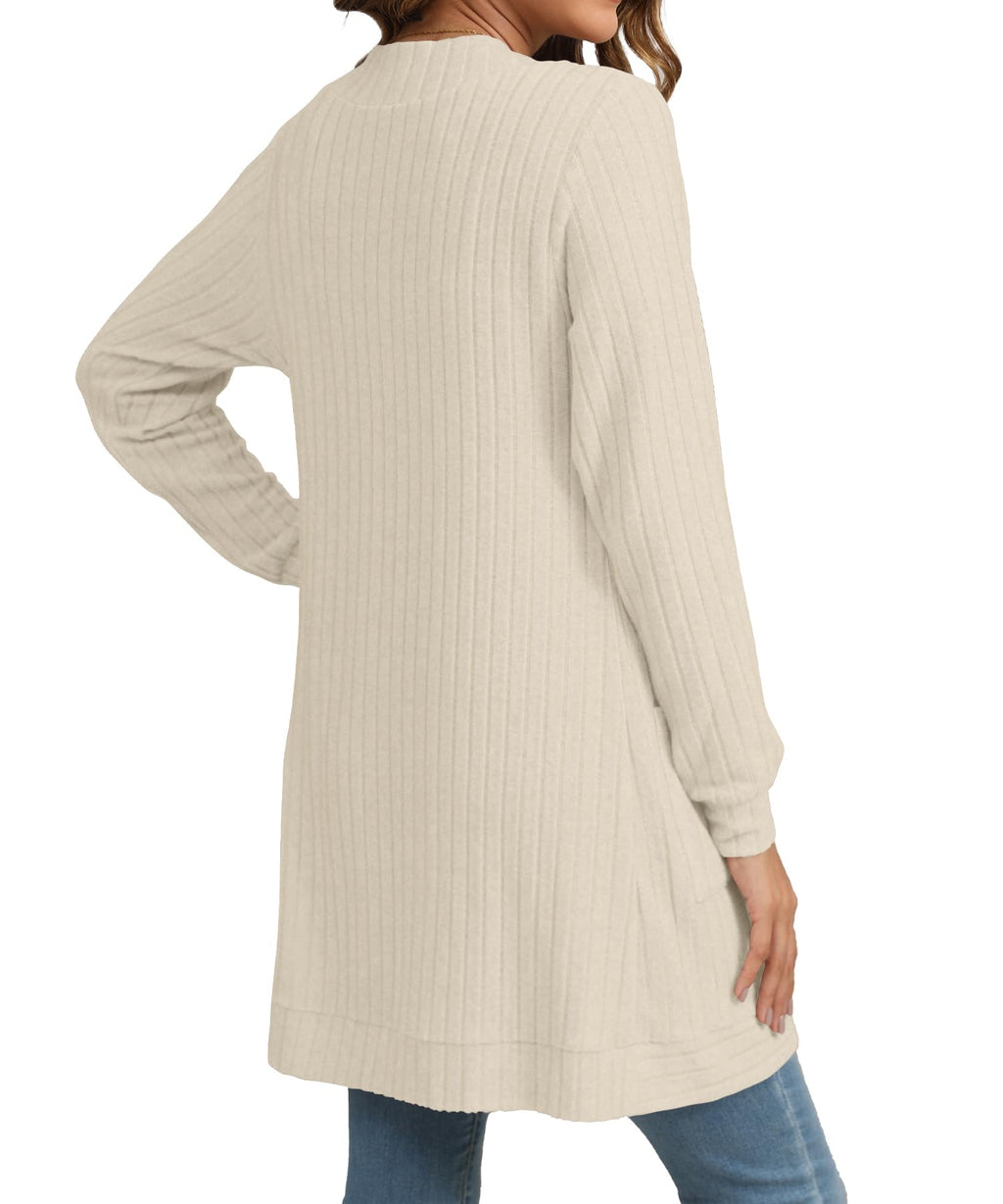 YSYOKOW Women Long Sleeve Open Front Cardigan Casual Lightweight Long Cardigans Loose Knit Outwear with Pockets(Beige, X-Large)