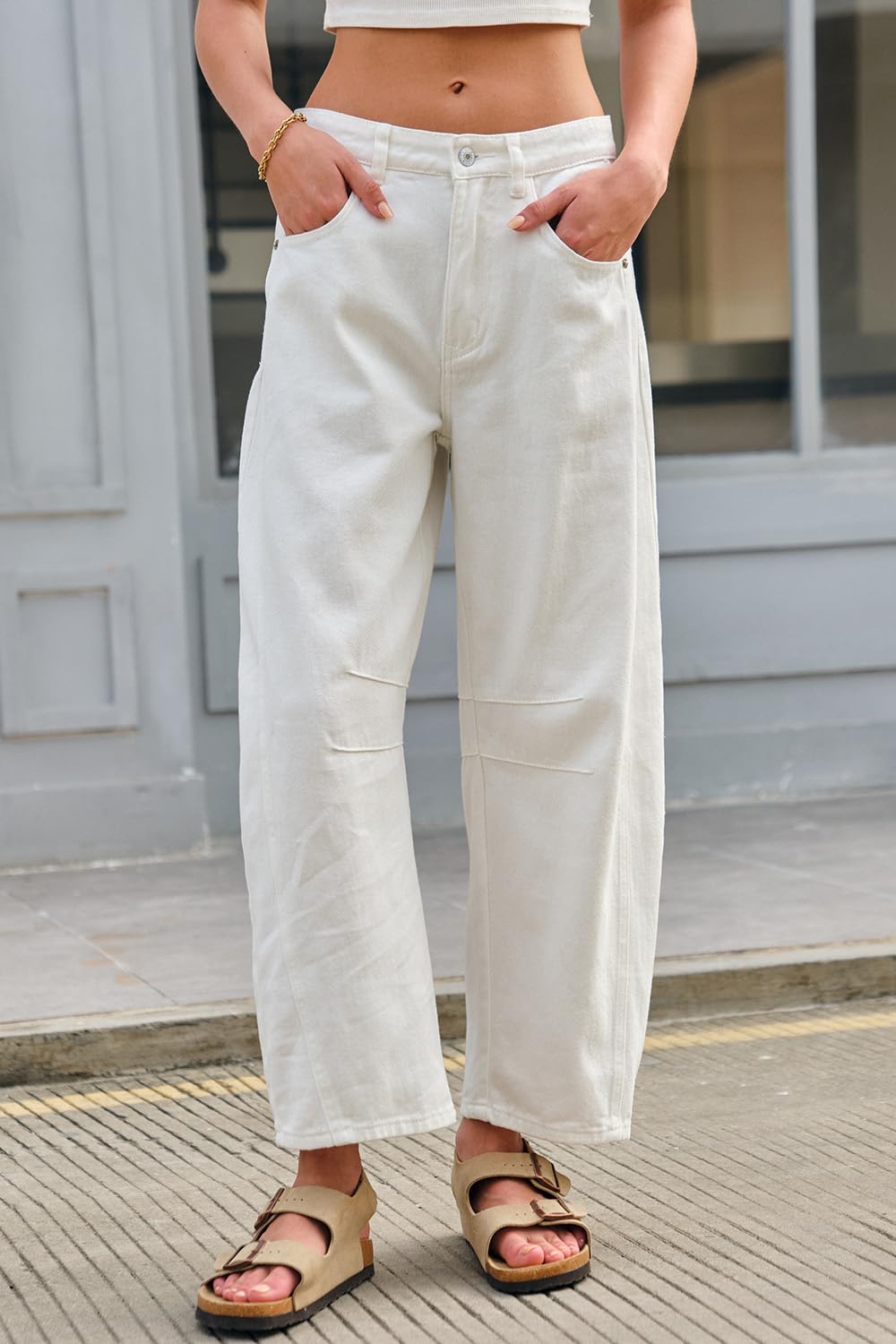 GREAIDEA Mid Rise Barrel Jeans for Women Wide Leg Mid Waist Cropped Denim Pants Y2k Baggy Boyfriend Jeans with Pockets White