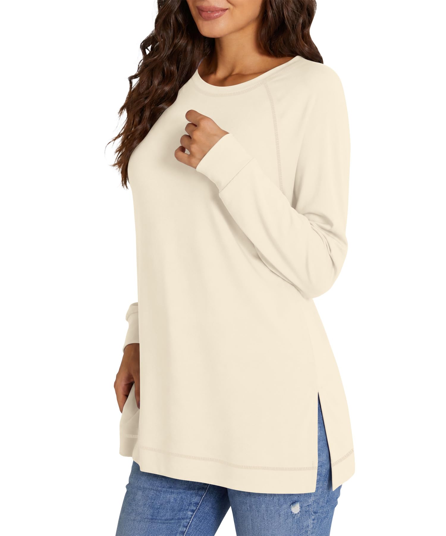 NILOUFO Womens Long Sleeve T Shirts Casual Blouses Trendy Tops Side Split Tunics(Beige, X-Large)