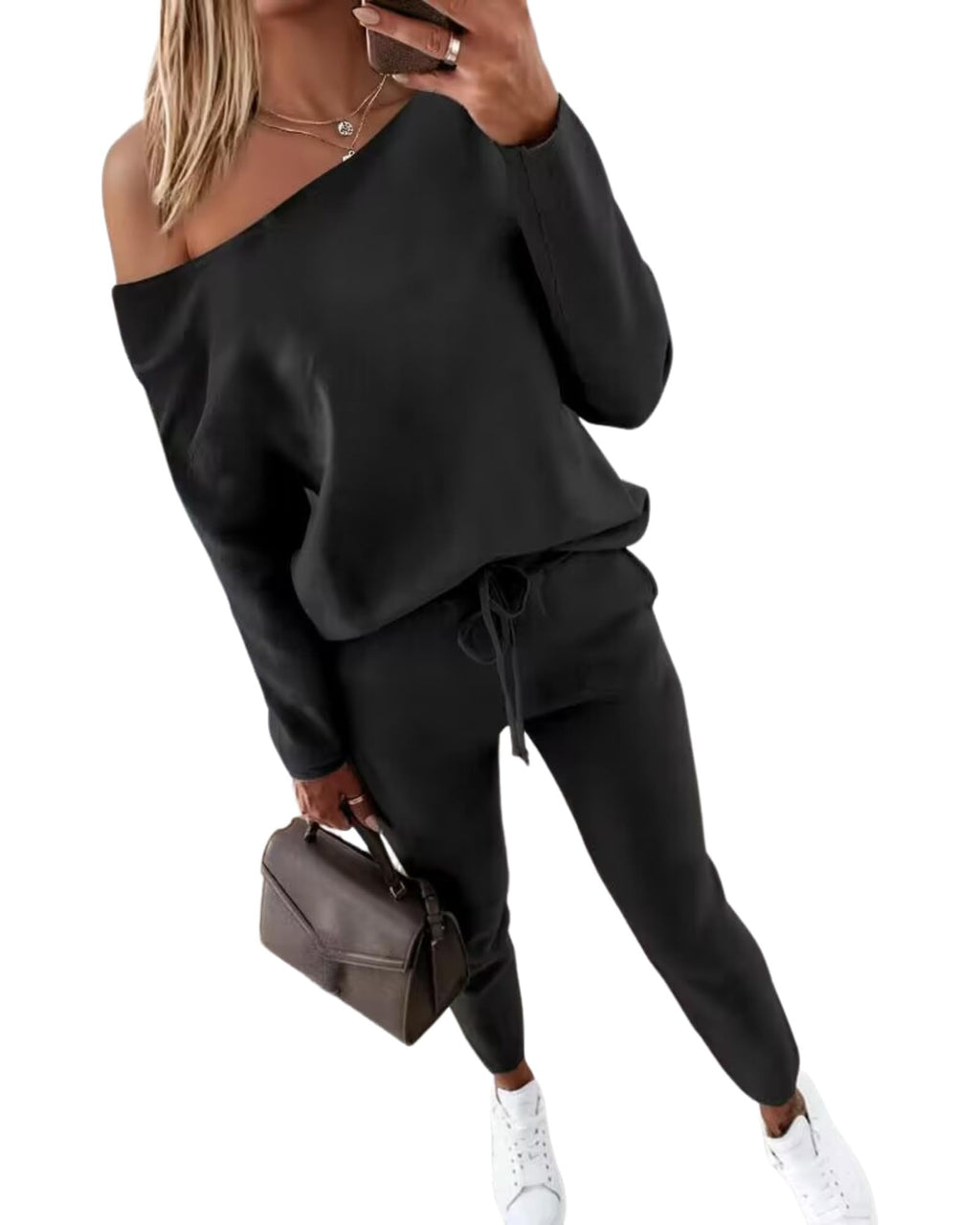CHICME Womens Tracksuit Fall 2 piece Outfits Pants Set-Black-Large